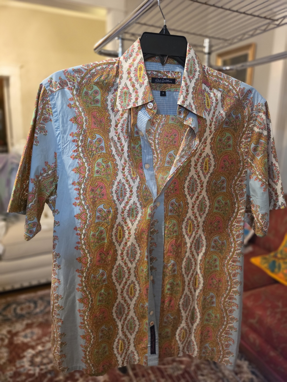 Robert Graham Light Blue Paisley-Print Short Sleeve Button Shirt